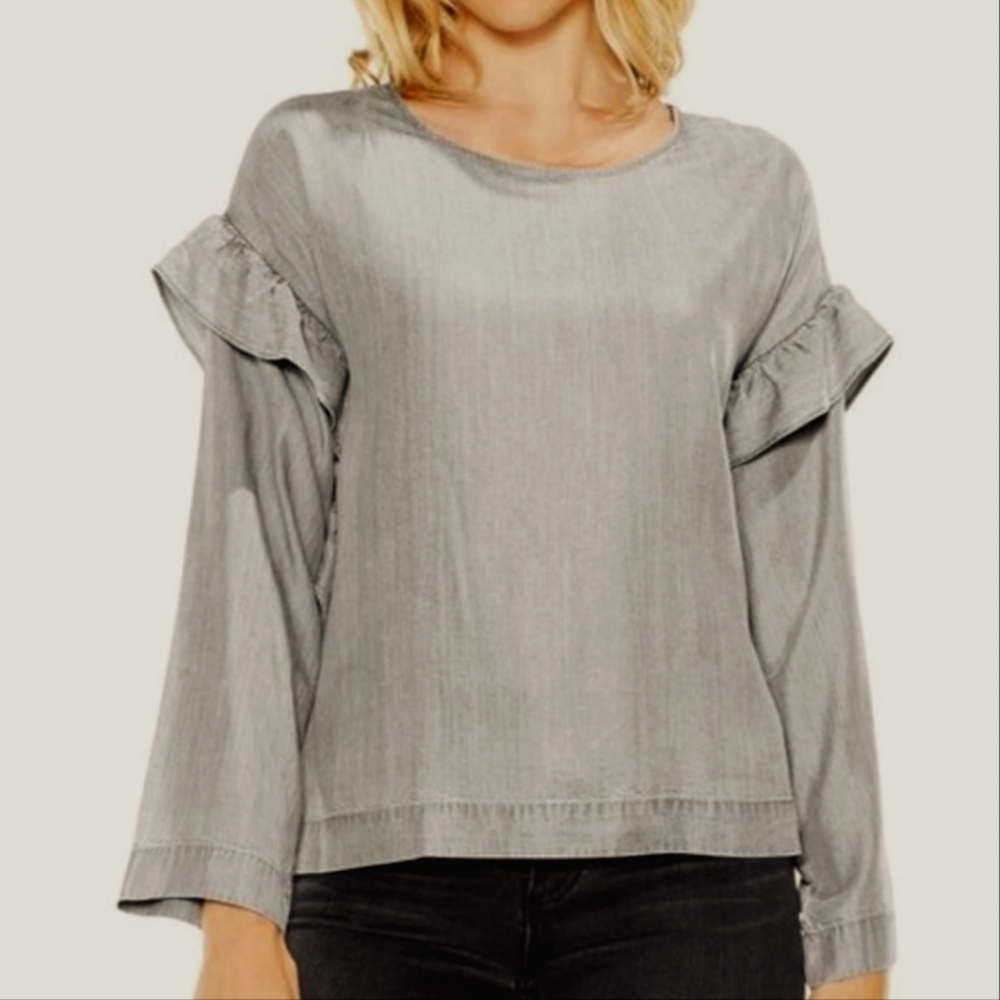 TWO BY VINCE CAMUTO NEW Women's Gray Ruffle Shoulder Blouse Shirt Top